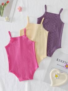 SHEIN 3pcs/Set Newborn Baby Girls' Comfortable Versatile Solid Color Knit Camisole Romper Set, Spring/Summer - Multicolor - View 2