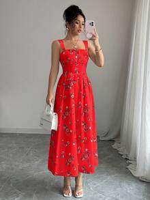 Elenzga 最新款印花优雅腰部褶裥连衣裙，女士春夏款 - 紅色 - 查看 6