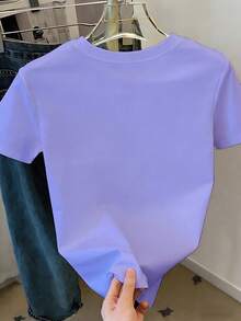 SHEIN EZwear Women's Slogan Print Short Sleeve Casual Round Neck T-Shirt - Blue - View 2