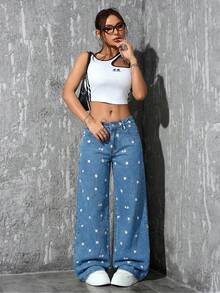 SHEIN PETITE Quần jean nữ thường ngày thêu hoa - Rửa nhẹ - Xem 4