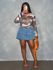Slaydiva Plus Size Women's Mesh Sheer Long Sleeve Printed Blouse, Beige Autumn Boho Vacation Streetwear Western Chic Music Festival Beach Vacation Party Top - Multicolor - View 9