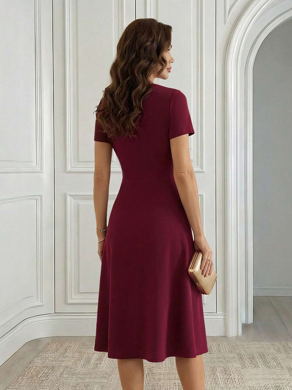 Women's Burgundy And Gold Elegant Office Midi Dress,Autumn Party Mid-Length Black Lace Patchwork Business Casual Work Outfits,Summer Dresses