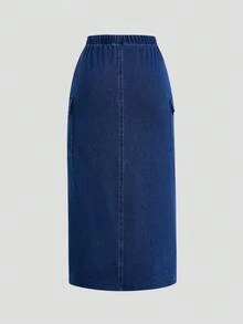 SHEIN MOD Women's Drawstring Waist Cargo Pocket Maxi Casual Denim Skirt - Dark Wash - View 2