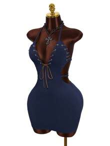 Mistrie Vestido sin mangas con lazo azul marino para mujer - Azul Marino - Ver 3