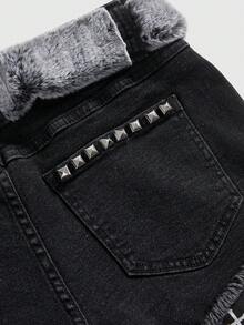 ROMWE Grunge Punk Plus Size Women Y2K Distressed Cross Stud Decor Mini Denim Shorts, Vintage Baddie Wash Denim Shorts For Autumn/Winter - Black - View 3