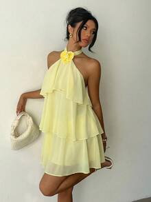 Aloruh 3D Floral Decor Multi-Tier Ruffle Hem Cake Dress ,Summer Dress - Yellow - View 8