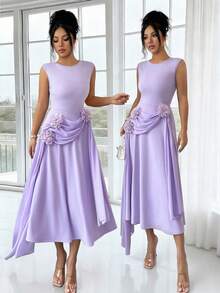 Rafferiza 优雅收腰圆领无袖雪纺拼接花卉装饰中长连衣裙，紫色，春夏款 - 淡紫色 - 查看 1