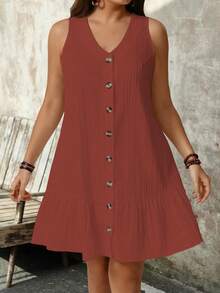 SHEIN PETITE Vestido de tela texturizada con cuello en V sin mangas para tallas grandes - Rojo - Ver 4