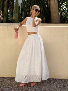 DAZY 法式优雅镂空蕾丝拼接无袖收腰连衣裙，女士夏季显瘦时尚两件套 - 白色 - 查看 5