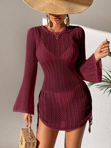 Glyssa Women's Solid Color Round Neck Sheer Drawstring Long Sleeve Dress Cover-Up - Red - View 5