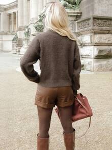 Elenary Edit 女式休闲街头风格卷边口袋短裤 - 咖啡棕 - 查看 6