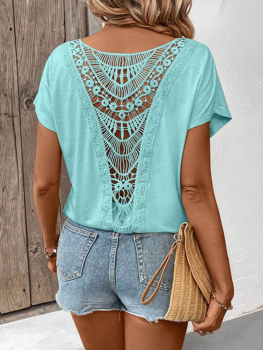 Breezaya Camiseta casual de mujer para vacaciones, de unicolor, cuello redondo, manga corta, con encaje de contraste - Azul Cadete - Ver 1