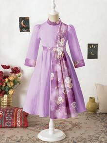 Tween Girls Long Dress With Lavender Purple Base, Contrasting Purple & White Floral Print With Traditional Middle Eastern Motifs - Multicolor - View 3