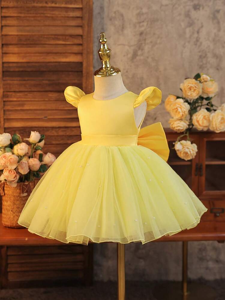 SHEIN Glamorique Kids Cute Baby Girl Yellow Mesh Sleeveless Ball Gown Dress  With Zipper And Round Neck Short Length ,Baby Girls Yellow Mesh Sleeveless  Round Neck Ball Gown Dress Cute Short Fit