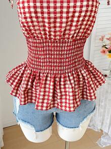Comfortcana Plus Size Women Plaid Tie Shoulder Drawstring Waist Ruffle Hem Sleeveless Blouse, Summer 2026 New Arrival Tops - Red - View 4
