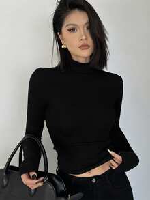 Dazy Tall Áo thun nữ dài tay cổ tròn, hở lưng, ôm sát, kiểu dáng thường ngày - màu đen - Xem 2