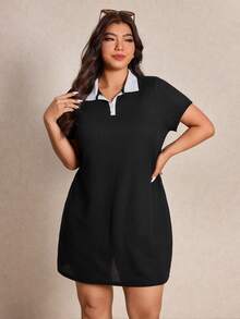Elaquor Plus Size Color Block Collar Short Sleeve Dress, Summer Dresses - Black - View 5
