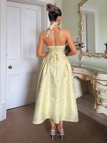 Glamine Charm Đầm xòe không tay cổ chữ V họa tiết hoa 3D dập nổi kiểu cổ điển dành cho nữ - Kem - Xem 2