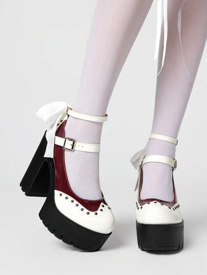ROMWE Kawaii Giày cao gót đế dày, quai cài ngọc trai, ren nơ quyến rũ dành cho nữ, kiểu dáng Mary Jane thời trang xuân/thu, thích hợp cho tiệc tùng, đi chơi, hẹn hò.