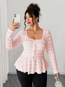 Elenzga Áo sơ mi du lịch đi làm thường ngày xuân/hè/thu mới cỡ lớn dành cho nữ, vải có họa tiết, viền bất đối xứng, tay chuông, thiết kế trang trí kim loại bên hông, mùa thu - Hồng - Xem 7