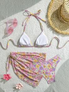 Swim Mod Women's Floral Print Halter Backless Sexy Bikini 3-Piece Swimwear Set For Beach Vacation - Multicolor - View 2