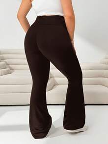 SHEIN Tall CURVE 大码女装秋冬返校休闲家居服瑜伽舒适户外纯黑色针织弹力腰高腰口袋喇叭裤，带口袋打底裤 - 棕色 - 查看 2