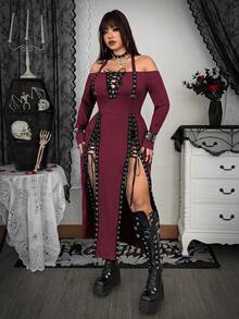 Whyspr Plus Size Women's Halter Neck Criss-Cross Tie Slit Dress - Burgundy - View 8