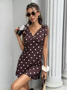 Pariaura 女士优雅简约肩部系带波点印花连衣裙，巧克力棕色 - 巧克力棕 - 查看 6