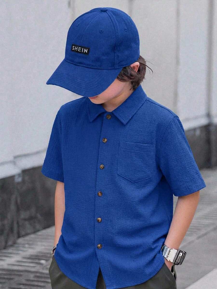 SHEIN Tween Boy's Casual Solid Color Pocket Front Button Short Sleeve Shirt, Summer - Royal Blue - View 1