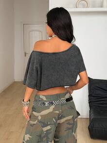 Coolane 女士街头风外出运动休闲印花露肩宽松短款红色T恤 - 黑色 - 查看 6