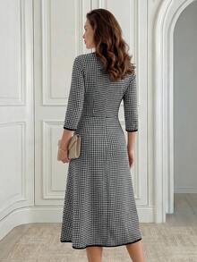 Miaspire Women's Elegant Plaid Mid-Length Dress For Commuting,Fall Dresses For Women - Black and White - View 2