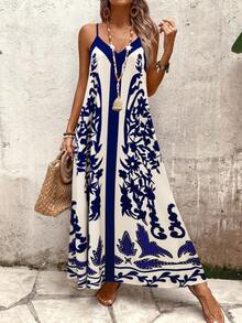 EMERY ROSE Women's Printed Loose Fit Sleeveless Dress, Casual For Holiday And Daily Wear Vacation Blue Floral Summer - Multicolor - View 6
