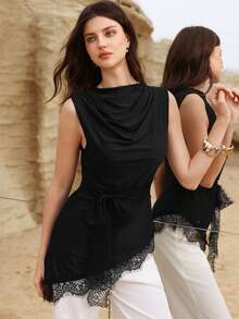 Mulvari Black Elegant Ruffled Collar Lace Patchwork Asymmetrical Fitted Sleeveless Top For Women - Black - View 3
