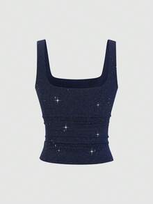 Sweetra Áo tank top nữ dáng ôm eo, chất liệu vải bóng mới, thanh lịch, thích hợp mặc đi làm hàng ngày, mùa thu. - Màu xanh hải quân - Xem 2