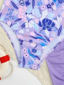 SHEIN 少女碎花荷叶袖连体泳衣，适合度假、海滩、泳池派对和沙滩派对。 - 紫色 - 查看 5