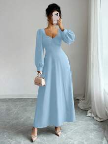 Elenzga Đầm maxi nữ thanh lịch, dáng rộng, cổ vuông, tay cánh hoa, thích hợp cho việc đi làm hàng ngày. - Màu xanh lam - Xem 8