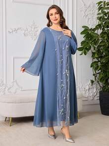 Al Najma Vestido elegante de estilo árabe de mujer talla grande con parches y bordado 3D en gasa - Multicolor - Ver 3