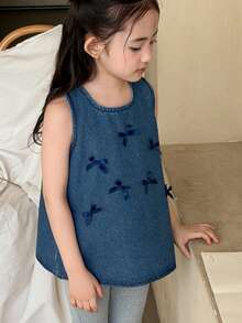 DAZY Áo denim cho bé gái với nơ trang trí, trang phục mùa thu. - Màu xanh lam - Xem 3