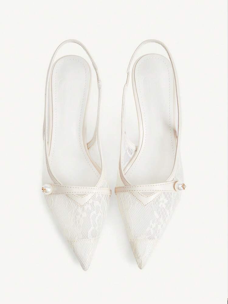 CUCCOO CHICEST Women Shoes Pointed Stiletto Beige Lace Mesh Faux Pearl Sexy Fashion Elegant With Skirt Daily Versatile Banquet Party Ladies High Heel Shoes Slingback Slingback Shoes Wedding Shoes Spring Shoes Bride Shoes