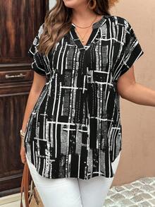 EMERY ROSE Plus Size Women's Geometric Print V-Neck Batwing Short Sleeve Casual Shirt - Black and White - View 1