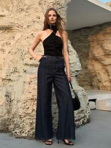 MOTF PREMIUM WOMEN'S METAL DECOR LONG WIDE-LEG JEANS, AUTUMN/WINTER - Blue - View 1