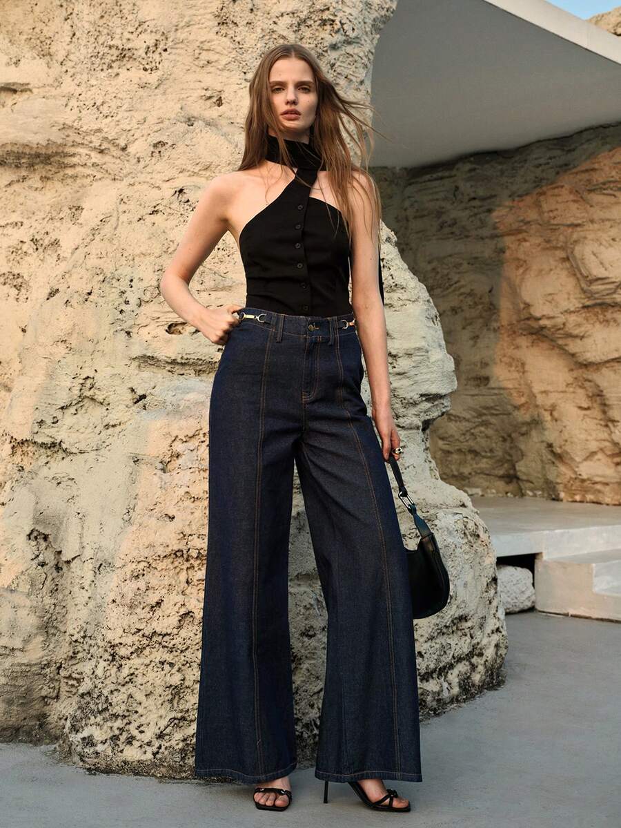 MOTF PREMIUM WOMEN'S METAL DECOR LONG WIDE-LEG JEANS, AUTUMN/WINTER - Blue - View 1