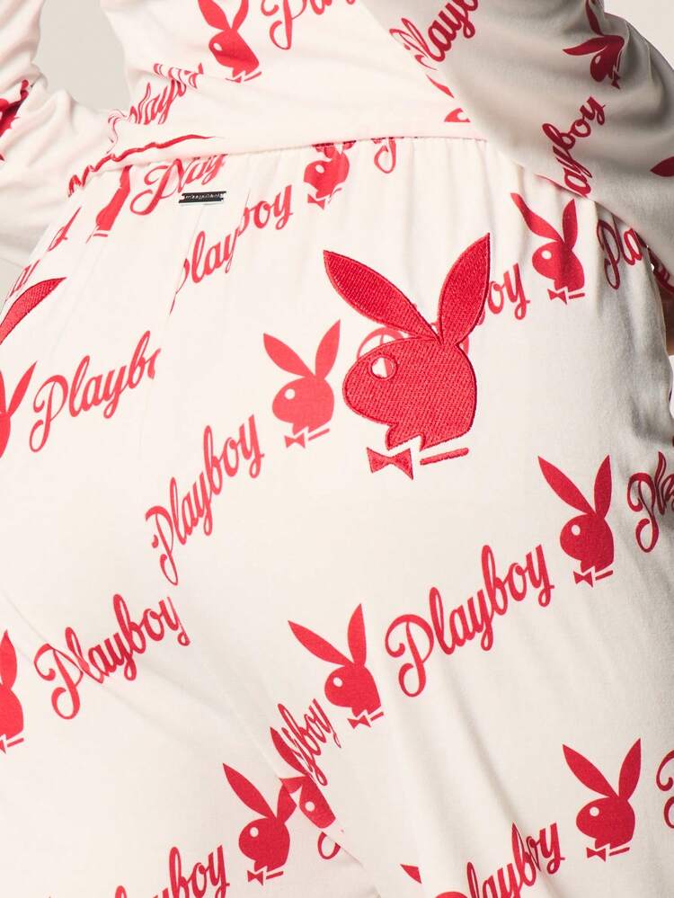 Missguided x Playboy 로고 프린트 긴팔 상의 및 신축성 허리 풀 기장 잠옷 세트 라운지웨어용