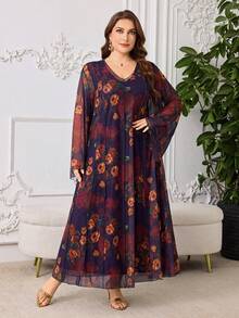 Al Najma Robe maxi ample à manches longues, col V, imprimé floral, style décontracté, pour le printemps/été, grande taille, pour femmes, style arabe - Multicolore - Voir 4