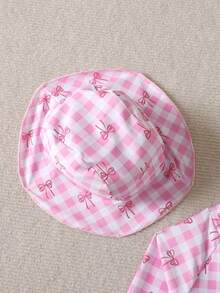 SHEIN Emery Rose Kids Girls' Butterfly Plaid Print Long Sleeve One-Piece Swimsuit Set (With Hat), Girls' Swimsuit Set, Girls' Beach Outfit, Girls' Long Sleeve Rash Guard Beach Set Suitable For Vacation, Summer Zipper Round Neck Swimsuit - Pink - View 9