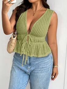 Lounesse Plus Size Women's Summer Sexy Beach Vacation Style Solid Color Textured Fabric Deep V-Neck Tie Front Camisole, Summer Tops - Green - View 6