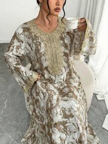 Al Najma 大码女式印花长袖土耳其和阿拉伯传统长裙 - 灰色 - 查看 4