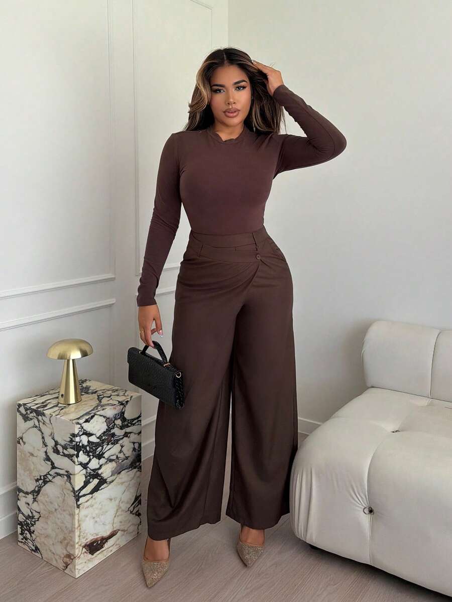 Maria Perezxox 女士不对称休闲阔腿裤女士时尚办公室通勤百搭高腰高端不对称阔腿西装裤 - 棕色 - 查看 1