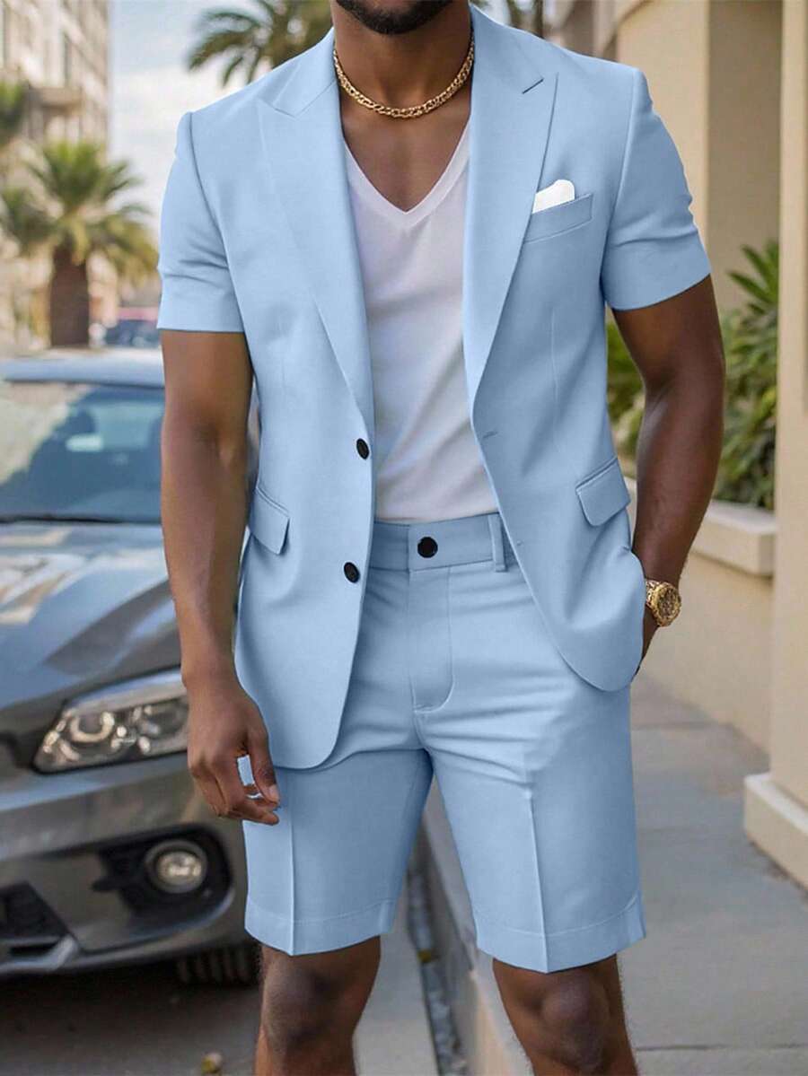 Calvornis Men's Summer Short-Sleeved Formal Suits & Suit Shorts, Suitable For Daily Business Parties Men Summer Suits Men 2 Pieces Outfits Blue Light Blue Suit Men Baby Blue Men Set Casual Suits For Men.A Great Gift For A Boyfriend Or Husband. Formal - Baby Blue - View 1