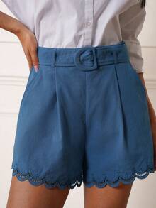 Lilora Damen einfarbige plissierte lässige vielseitige Alltagsshorts mit Zackensaum, hoher Taille, blaue Shorts, hochwertig, modisch, vielseitig und elegant Stickerei, geeignet für den Arbeitsweg, den täglichen Casual-Ausgang, Partys, Dates, Treffen, Freizeitaktivitäten, Picknicks, Urlaube, Sommerreisen und Ferien. Elegante Shorts mit Zackensaum, stilvolle Shorts, Shorts mit Gürtel, Shorts für Damen, Sommer-Outfits für Damen, Damen-Shorts, Sommer-Shorts für Damen - Blau - Übersicht 6